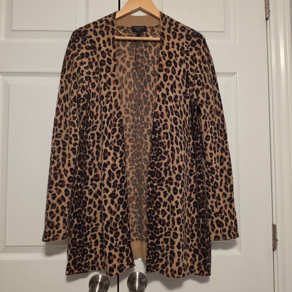 Charter Club Leopard Print 100% Cashmere Open Front Cardigan Brown Size Large